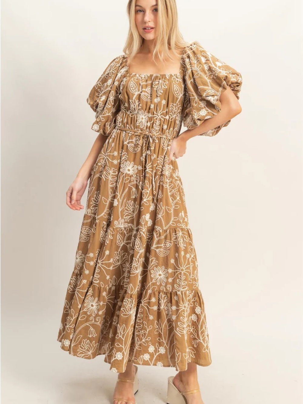 Embroidered Puff-Sleeve Dress in Camel